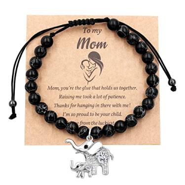 Imagem de Pulseira de ágata fosca com contas de ônix/turquesa, pulseira de elefante Good Luck Mom e bebê, To My Mom, presente para o dia das mães da filha, 7 inch, Pedra, Zircônia cúbica