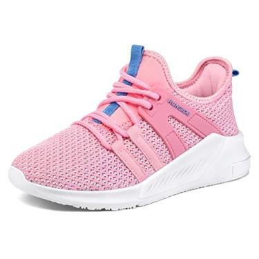 Imagem de RUNSIDE Tênis infantil leve e respirável com cadarço para meninos e meninas, rosa, 6 Big Kid