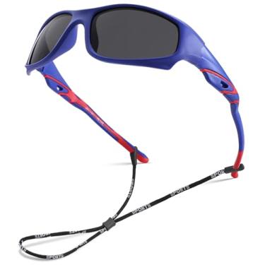 Imagem de NULOOQ Óculos de sol polarizados de beisebol infantil – Óculos de sol esportivos juvenis flexíveis inquebráveis para meninos e meninas de 4 a 12 anos, A7* Armação azul fosco/lente cinza, 130