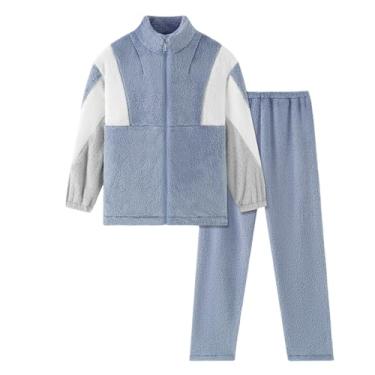 Imagem de Conjunto de pijama masculino de flanela com 2 peças, cores contrastantes, conjunto de pijama com zíper frontal, Azul, 3G