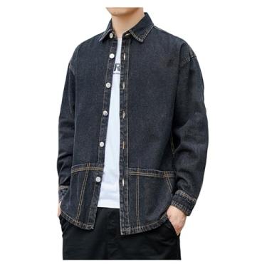 Imagem de Camisa jeans masculina de manga comprida com estampa de letras, gola aberta, botões frontais, Preto, 3G