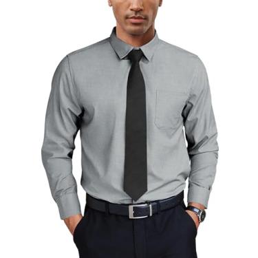 Imagem de Angbater Camisa social masculina de manga comprida, casual, com botões, camisa formal para negócios com bolso combinando, Cinza, 3G