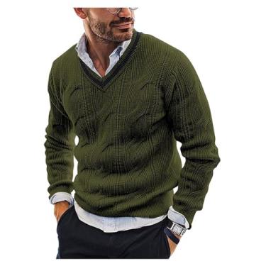 Imagem de Suéter masculino com estampa torcida fina camada base gola V pulôver tricotado camada base borda canelada tricotado, Verde militar, M