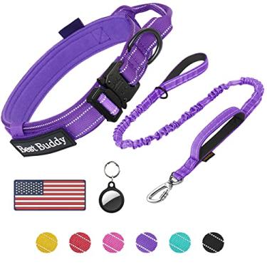 Imagem de AUBELL Conjunto de coleira e coleira tática para cães, coleira refletiva de nylon militar ajustável e coleira com alça e fivela de metal pesado para cães médios e grandes, com estojo Airtag e 2 adesivos (roxo, G)