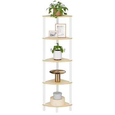 Imagem de VIMBER Prateleira de canto, estante de canto de 5 camadas, prateleira de escada de canto industrial, prateleira de exibição rústica para sala de estar, quarto, cozinha, escritório em casa, branco e