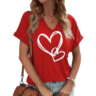 Imagem de Earlymemb Camiseta feminina com estampa de coração e decote em V para o dia dos namorados para casal, casual, de manga curta, para presente, A-red-1, GG
