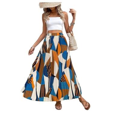 Imagem de OYOANGLE Saia feminina Boho Geo Print cintura alta rodada plissada saia de férias, Azul, laranja, GG