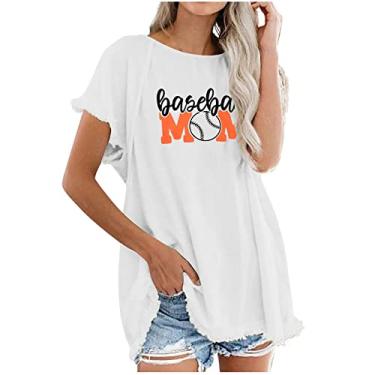 Imagem de Duobla Camiseta feminina com estampa de beisebol com letras plus size de beisebol tamanho grande de verão camiseta casual de manga curta, A-2-branco, P