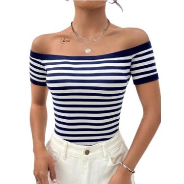 Imagem de LilyCoco Camiseta feminina de manga curta com ombros de fora e ombros de fora, Azul marinho contrastante, M