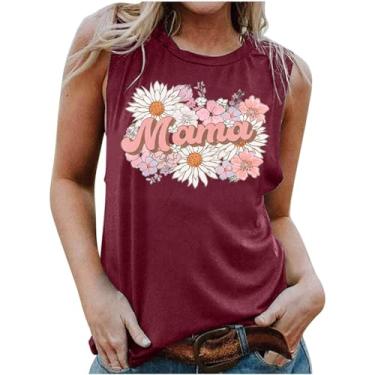 Imagem de MaMiDay Camiseta regata feminina fofa mamãe moderna casual caimento solto gola redonda camisetas estampadas florais, Vinho, GG