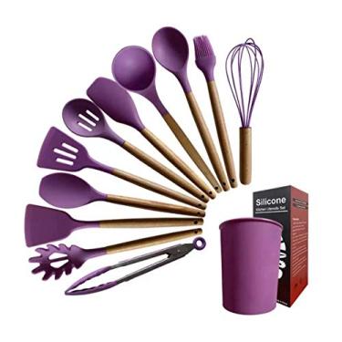 Imagem de Conjunto de utensílios de cozinha de silicone com 12 peças de cabo de madeira de silicone de alta resistência ao calor Conjunto de espátula de utensílios de cozinha de silicone premium com suporte sem