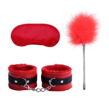 Imagem de Conjunto Brinquedo Sexuais Para casais Algemas PenasnVenda Acessórios Exóticos, Jogos Para Adultos (Vermelho)