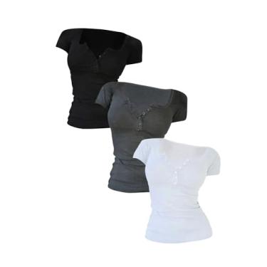 Imagem de GORGLITTER Pacote com 3 camisetas femininas texturizadas de malha canelada meio botão gola canoa manga curta, Preto, cinza, branco, M