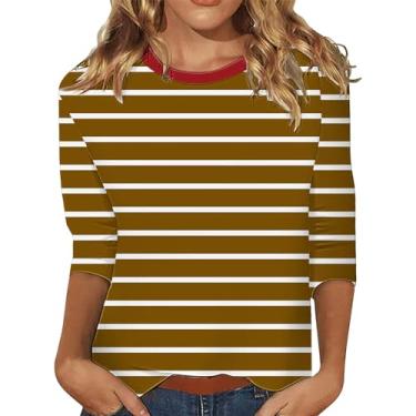 Imagem de Camisa de manga 3/4 feminina listrada color block blusa gola redonda ajuste solto camiseta casual roupas para sair, Bronze, G