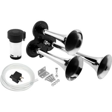 Imagem de Vixen Horns Kit de buzina de trem para caminhões/carro/motocicleta. Sistema completo com compressor de ar, 3 trompetas. Super alto dB. Serve para veículos como picape/semi/RV/SUV 12v cromado VXH2411C