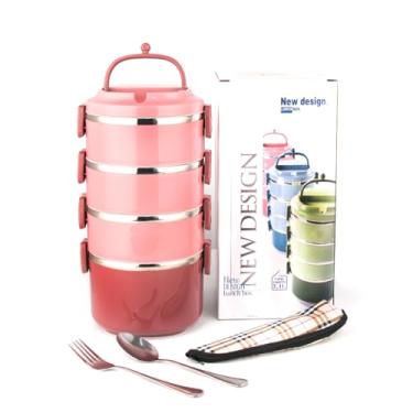 Imagem de SANQIAHOME Lancheira empilhável de aço inoxidável de 4 camadas selada (rosa, 4 camadas) com colher e garfo