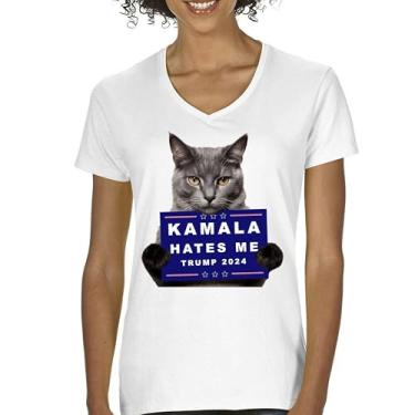 Imagem de Camiseta feminina Kamala Hates Me Trump 2024 gola V engraçada gato republicano animal de estimação anti Harris Vote vermelho MAGA Kitten 47 camiseta luta, Branco, P