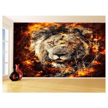 Imagem de Papel De Parede 3D Animais Leão Rosto Fogo Rei 3,5M Anm486 - Você Deco