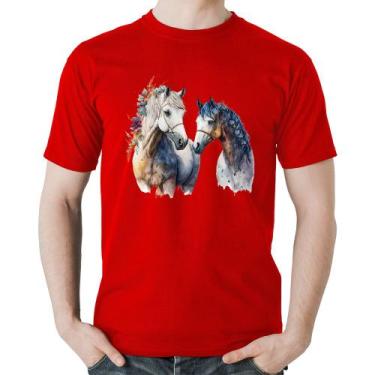 Imagem de Camiseta Algodão Casal de Cavalos Watercolor - Foca na Moda, Vermelho,
