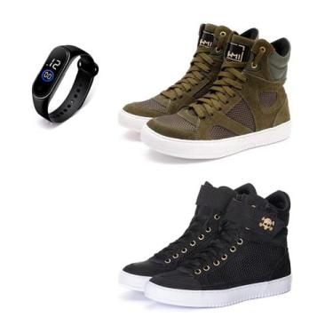 Imagem de Kit 2 Tênis Sneaker Fitness Feminino Botinha Academia + Relógio - Bawm