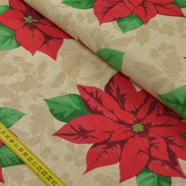 Imagem de Tecido Estampado para Patchwork - Natal: Poinsétia Grande Fundo Bege (
