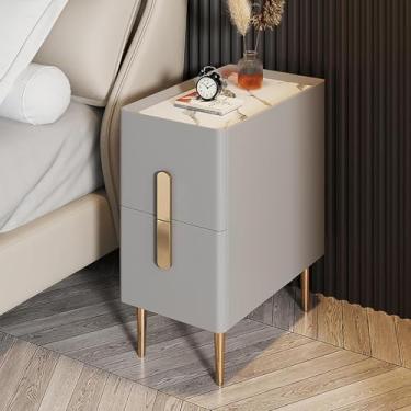 Imagem de Mesa de cabeceira fina com 2 gavetas, mesa de cabeceira de couro sintético moderna e minimalista com pernas de metal, armário de cabeceira para espaços estreitos nos quartos, cinza 1,25 x 40 x 50 cm