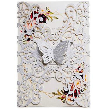 Imagem de FLZOPYNE 50 peças 12,7 x 18,5 cm prata corte laser renda flora borboleta cartões de convite de casamento com envelopes para noivado de quinze anos doce 16 aniversário convite (glitter prata)