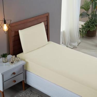 Imagem de Jogo Cama Box Solteiro Algodão Percal 300 Fios Hotel Pousada 2 Peças Lençol com Elástico Toque Macio (Palha)