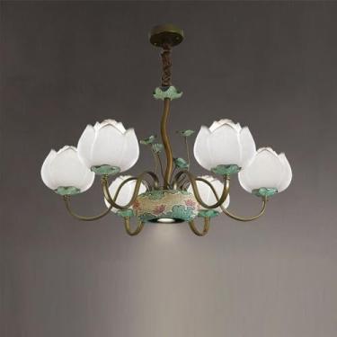 Imagem de OUFULA Luminária pendente de lótus contemporânea chinesa retrô criatividade sala de estar restaurante quarto villa hotel balcão decoração led lustre (D White 6 lights)