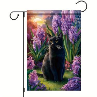 Imagem de Starlit Patio Bandeiras de jardim de primavera de gato preto verão primavera roxo floralKitten bandeira de jardim 30,5 x 45,7 cm bandeiras de quintal sazonal de boas-vindas para decoração de varanda