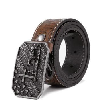 Imagem de Cinto Masculino Couro Fivela Cruz Trabalhada Estilo Country de Estrela