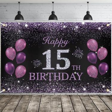 Imagem de JOYKY Banner roxo feliz aniversário 15 anos decorações de festa para meninas, 15 anos de idade, decoração de pano de fundo, 15 x 3,8 pés