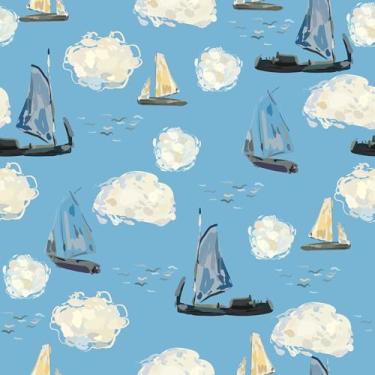 Imagem de VaryStyle Papel de parede náutico 45 cm x 299 cm azul oceano veleiro nuvem papel de parede para quarto banheiro decoração de arte pintura a óleo papel de parede costeira papel de contato autoadesivo