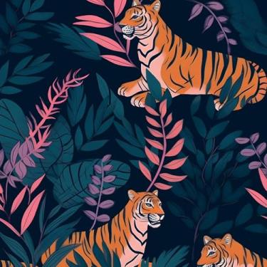 Imagem de Fvlow Papel de Parede Tigre Descasque e Cole Vintage Azul Tigre Floral Papel de Parede Retrô Impermeável Autoadesivo para Quarto Bancada Armário Mesa 44,2 cm