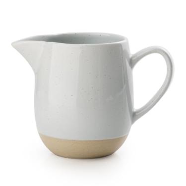 Imagem de famiware Creme Milkyway de 368 g com alça, jarro de cerâmica para café/leite/molho/porção/salada, jarro de bordo/xarope, copo de espumador de leite, seguro para micro-ondas e lava-louças, cinza claro