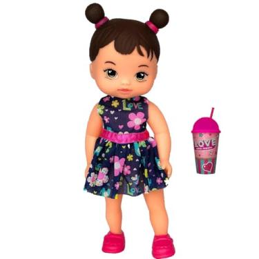 Imagem de Boneca Hannah Kit completo Copo de Suquinho, Vestido Floral, Rosa e Azul Marinho Perfeito para Criança Brincar.