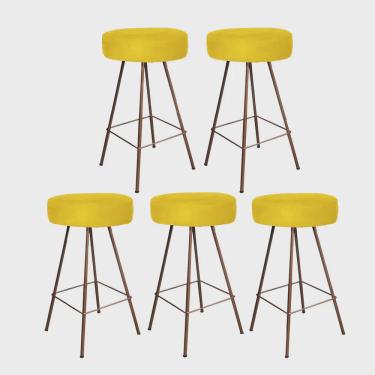 Imagem de Kit 05 Banqueta Alta Laisa Industrial Redonda Cozinha Bar Balcão Bistrô Ferro Bronze Suede Amarelo - Ahz Móveis