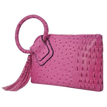 Imagem de NGIL Mini bolsa de pulso feminina, mini bolsa de couro sintético moderna com franja, carteira feminina mini bolsa de mão, Crocodilo sintético rosa