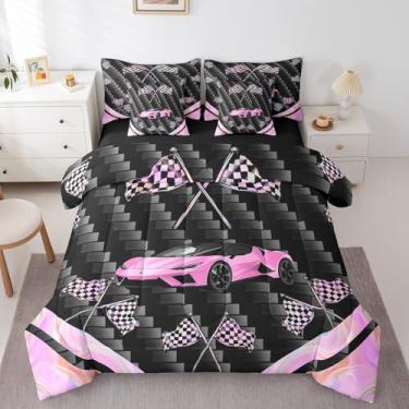 Imagem de Feelyou Conjunto de cama casal de carro de corrida rosa, 7 peças, esportes radicais, com lençol para crianças, adolescentes, adultos, velozes e furiosos, conjunto de cama com bandeira deslumbrante