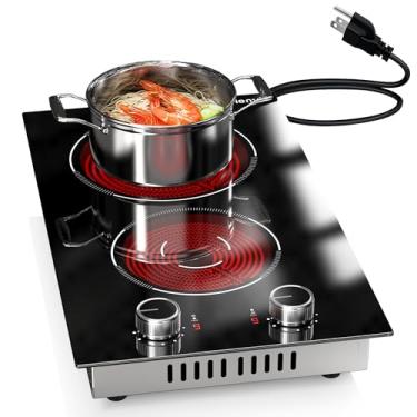 Imagem de Karienvir Cooktop Elétrico De 2 Bocas, Bancada De 12 Polegadas E Fogão Elétrico Embutido, Fogão Elétrico De 110 V Com Tomada, Controle Por Botão, 9 Níveis De Potência, 2000 W (1400 W + 600 W)