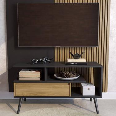 Imagem de Rack Aparador Estante para Tv 55 Polegadas com Porta Nicho Prateleira Pés Palito Retro Preto/Freijó