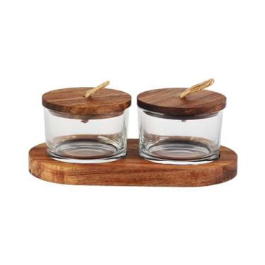 Imagem de Jogo de 2 petisqueiras em vidro com tampa e suporte em madeira 120ml L18,2xP10,2xA6,6cm - Full Fit