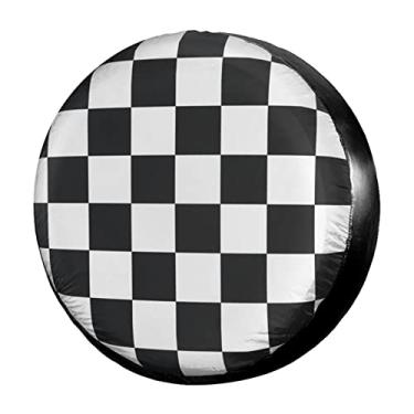 Imagem de Capa de pneu sobressalente para pneu Foruidea de corrida preto e branco e padrão xadrez à prova d'água à prova de poeira UV capa de roda de sol para Jeep Trailer, RV, SUV e muitos veículos de 38 cm