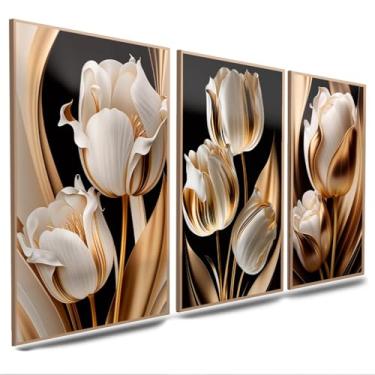 Imagem de Quadros Decorativos Flor Tulipa Dourada e Branca 3 Peças Mosaico Sala Quarto Escritório (03, Tamanho 50x30 Centímetros)