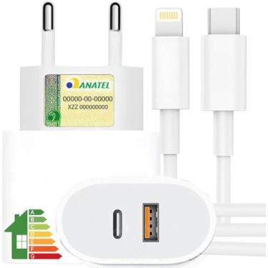 Imagem de Carregador turbo usb e usb c + cabo tipo c/ 8 pinos lighting - comp