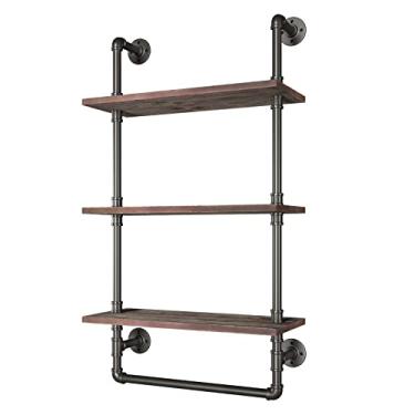 Imagem de Yuanshikj Prateleira rústica de 3 camadas (61 x 25 x 99 cm) para montagem na parede de tubo industirial - Tábuas de madeira de pinheiro maciça e tubos pretos de ferro para decoração de sala de estar e