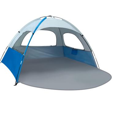 Imagem de NXONE Barraca de praia para 4 pessoas com proteção UV, piso estendido, 3 janelas enroláveis de malha e hastes de fibra de vidro de 8,5 mm. Bolsa de transporte incluída (azul branco)