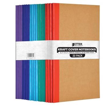 Imagem de Better Office Products Cadernos Kraft com lombadas coloridas, pacote com 20, 21 x 14 cm, tamanho A5, 60 páginas brancas sem forro, 80 gsm, lombadas de cores vibrantes sortidas, cadernos de capa macia