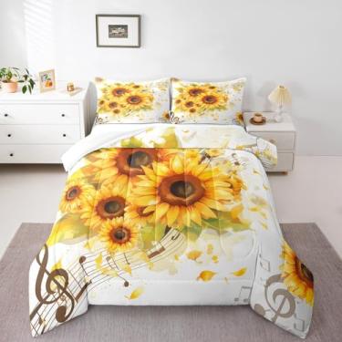 Imagem de Castle Fairy Jogo de cama com girassóis amarelos, estilo rústico, estilo country, notas musicais, decoração de casa, branco, amarelo, tamanho Queen, 3 peças, edredom acolchoado com 2 fronhas
