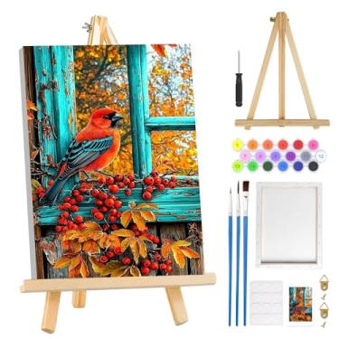 Imagem de MOGTAA Kit de pintura de pássaros por números para adultos iniciantes com moldura, kits de pintura por números de paisagem de outono em tela com cavalete, kits de pintura a óleo DIY fáceis para